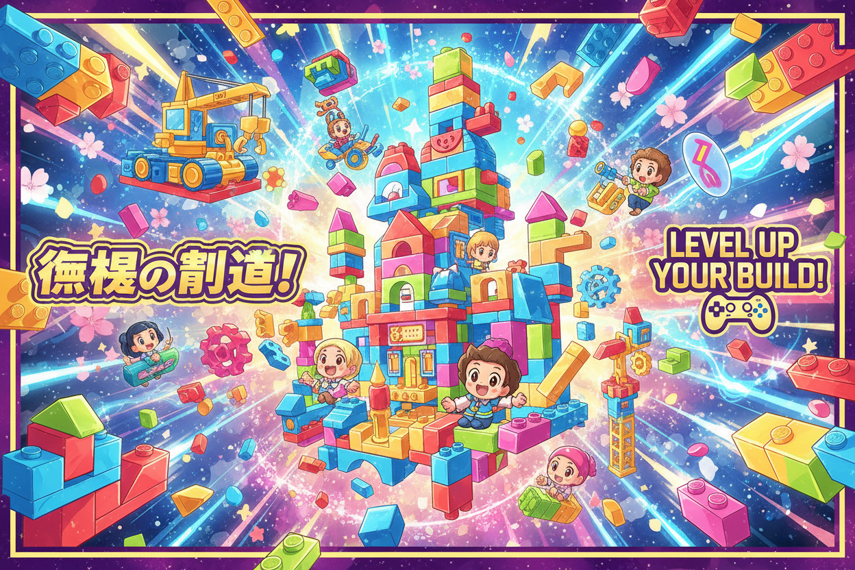 costruzioni giocattolo in stile anime giapponese con colori vivaci e sgargianti,adatta alla dimensione del banner