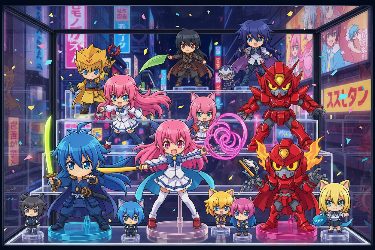 crea immagine di giocattoli ed action figures in stile anime giapponese , con colori vivaci