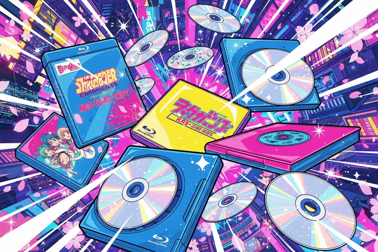 crea un immagine che rappresenti dvd e blu ray in stile anime giapponese , con colori vivaci