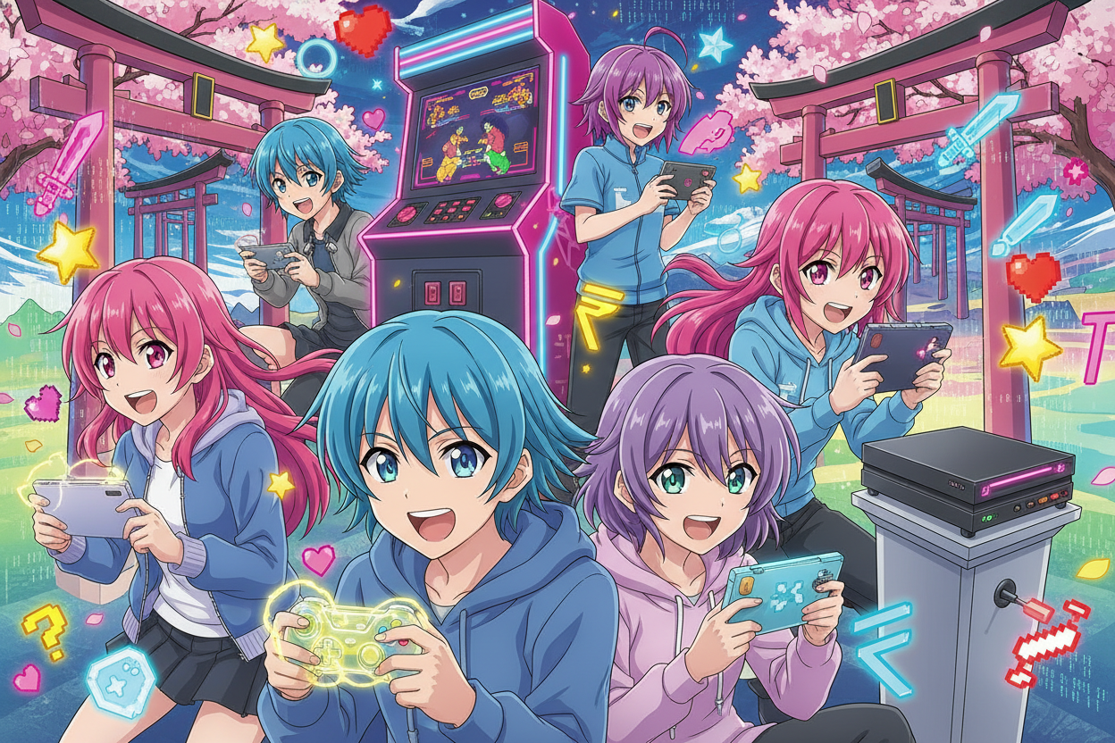 crea un immagine che rappresenti il mondo videoludico in stile anime giapponese