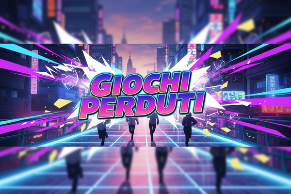 crea un immagine con all'interno il nome del negozio "Giochi Perduti" che si adatti alla dimensione lunga e stretta del banner,in stile aime giapponese,con colori vivaci e sgargianti