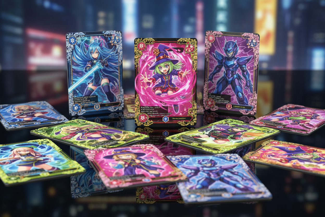 crea un immagine di giochi di carte collezzionabili in stile anime giapponese con colori vivaci