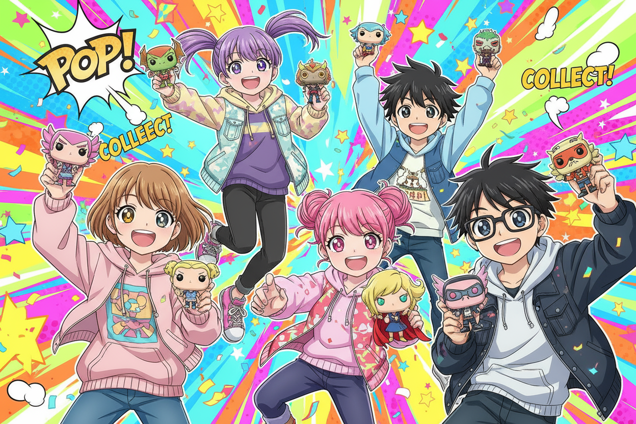 crea un immagine di ragazzi che tengono n mano dei funko pop in stile anime giapponese