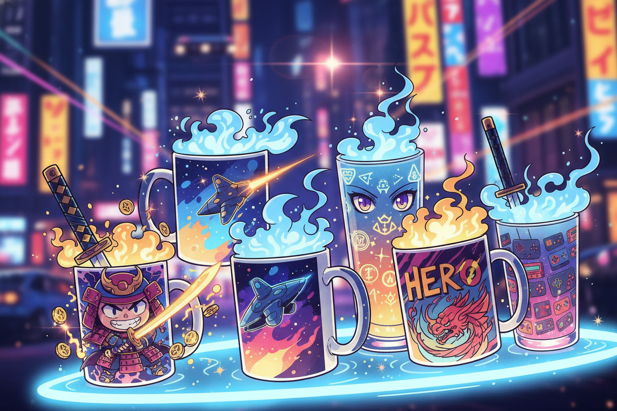 crea un immagine di tazze e bicchieri nerd in stile anime giapponese